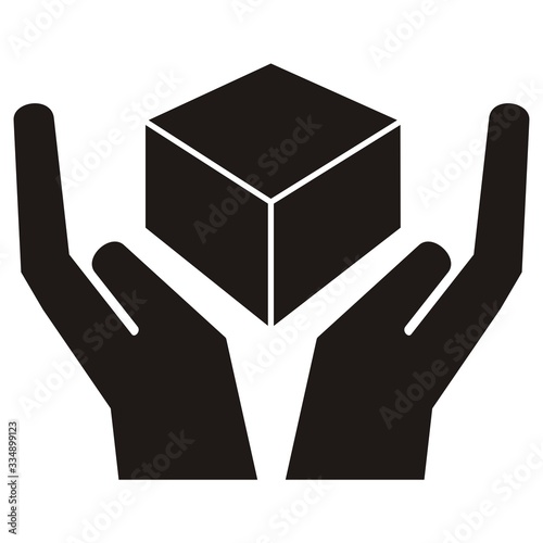 Black silhouette of hands with parcel, conceptual vector icon