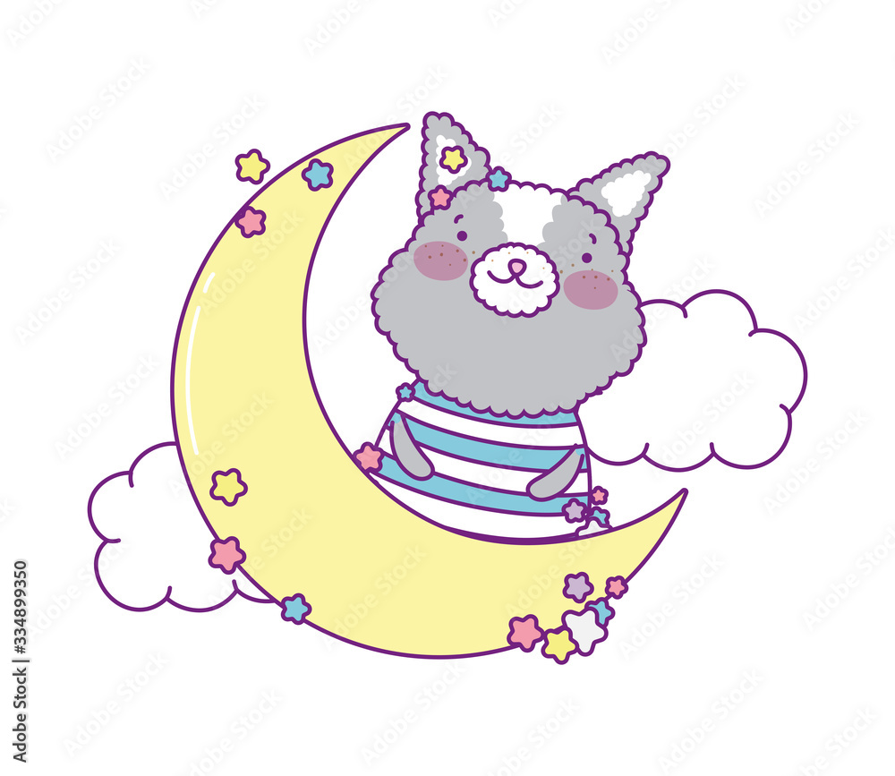 Cute cat cartoon with moon and clouds vector design Cute cat cartoon with moon and clouds vector design