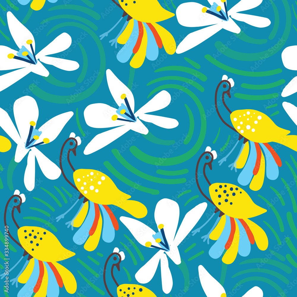 Green watery waves, flowers and whimsical peacock seamless pattern background design.