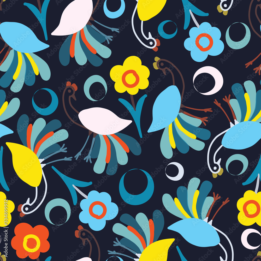 Dark blue with whimsical peacock and flowery and colourful moons seamless pattern background design.