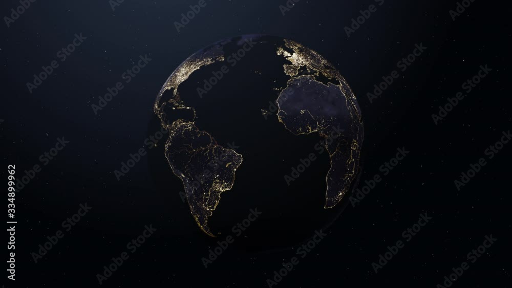 Earth Rotating in Loop at Night. Shiny Bright City Lights Visible from Space. Animation of Blue Planet Spinning Seamlessly 360 Degrees with Green Screen Mask. 