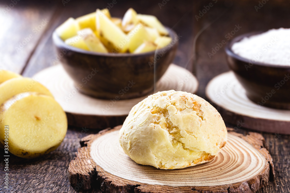 vegan cheese bread, made without cheese, with tapioca, potatoes and salt. Vegan meal, homemade vegetarian snack. Typical Brazilian food, made at home.