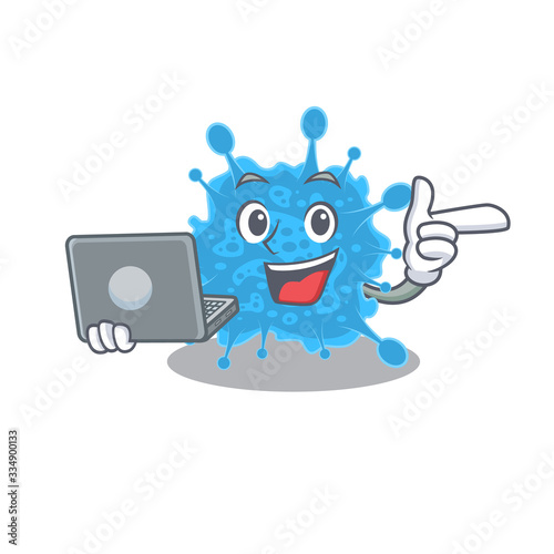 Cartoon character of andecovirus clever student studying with a laptop