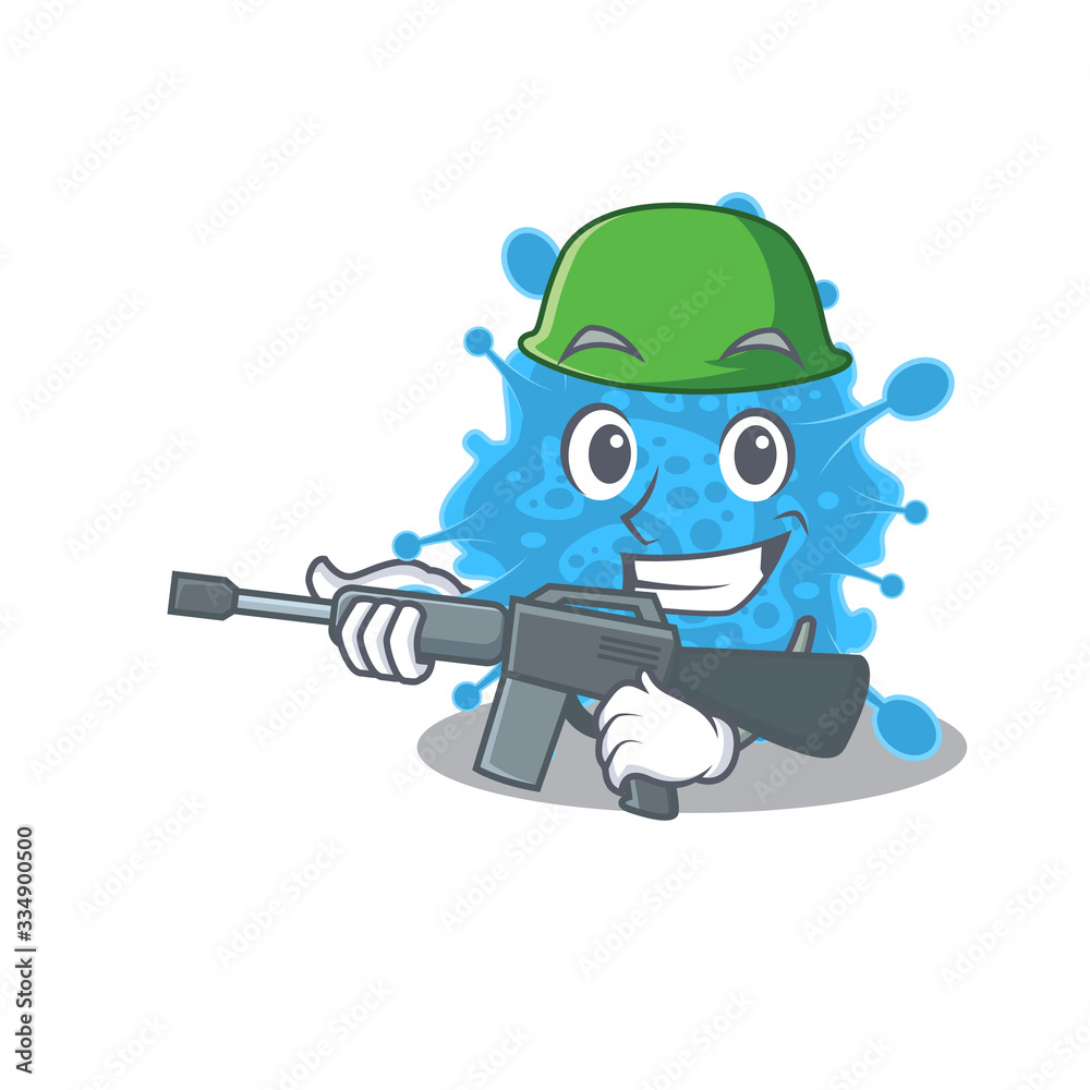 A cartoon picture of andecovirus in Army style with machine gun A cartoon picture of andecovirus in Army style with machine gun