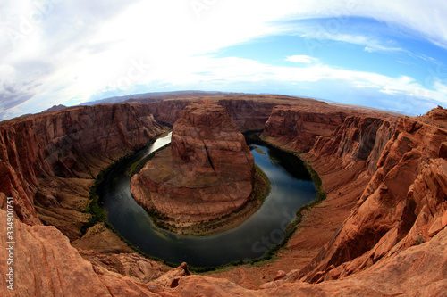 Page, Arizona / USA - August 05, 2015: Horseshoe Bend seen from the lookout point, Colorado river, Page, Arizona, USA