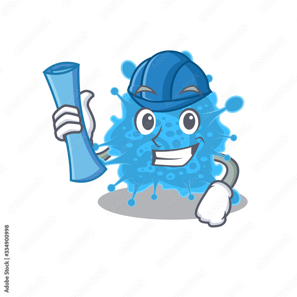 Cartoon character of andecovirus brainy Architect with blue prints and blue helmet Cartoon character of andecovirus brainy Architect with blue prints and blue helmet