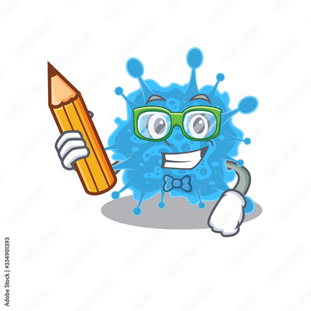 A brainy student andecovirus cartoon character with pencil and glasses