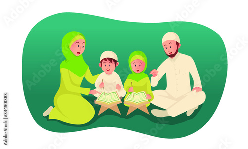 muslim parent teaching holy quran for his children. ramadan concept illustration