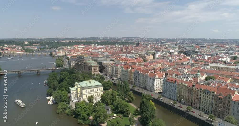 Panoramic view on Prague downtown, drone shot 