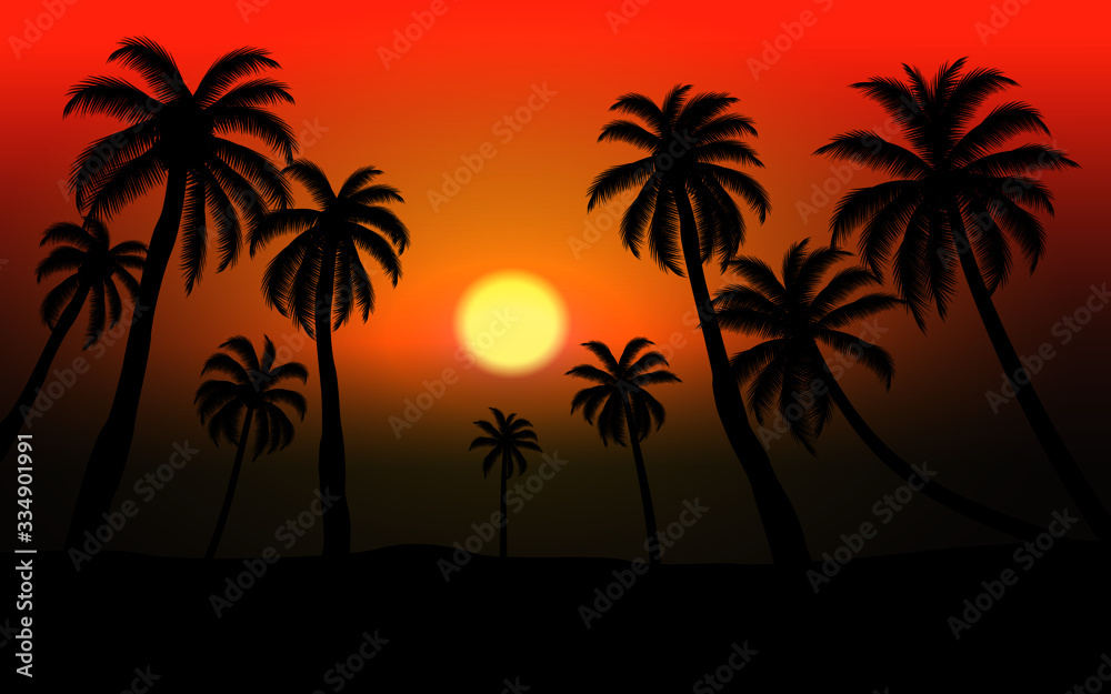 sunset on the beach with palm tree
