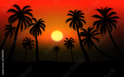 sunset on the beach with palm tree © Johnster Designs