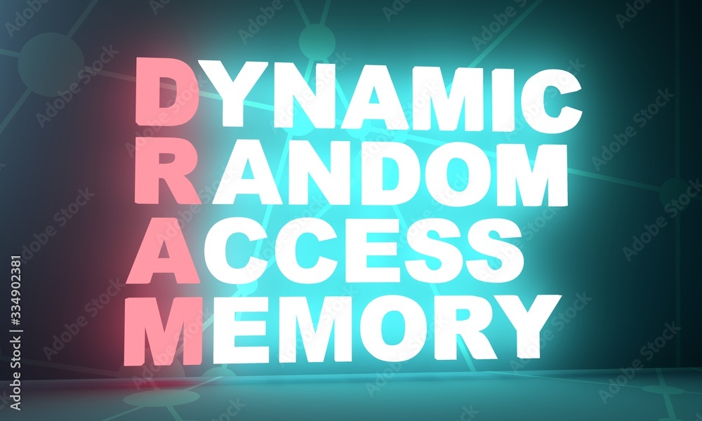 Illustration of information technology acronym. Abbreviation term definition DRAM - Dynamic Random Access Memory. 3D rendering. Neon bulb illumination