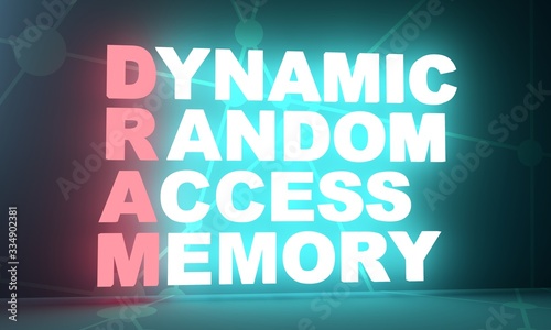 Illustration of information technology acronym. Abbreviation term definition DRAM - Dynamic Random Access Memory. 3D rendering. Neon bulb illumination