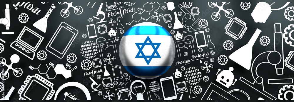 Innovation and technology concept. Circle frame with thin line icons. Flag of the Israel. 3D rendering Innovation and technology concept. Circle frame with thin line icons. Flag of the Israel. 3D rendering