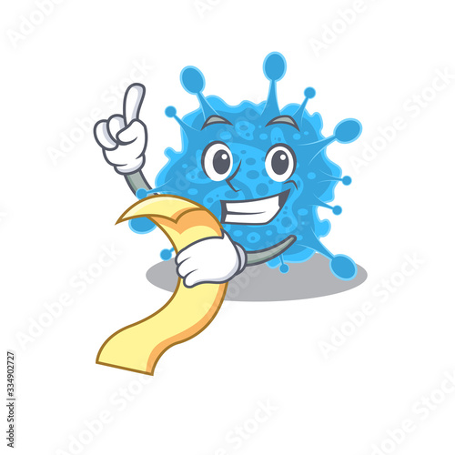 Andecovirus mascot character design with a menu on his hand