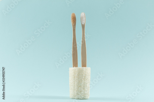 Two environmentally friendly toothbrushes are in the environmental loofah. Zero waste. On a blue background.