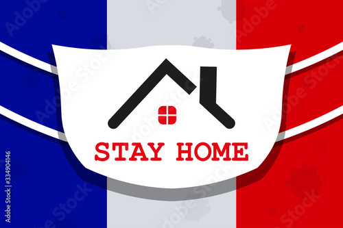 Design with abstract silhouette of the coronavirus of the flag of France and the roof of the house. Sign of COVID-2019.