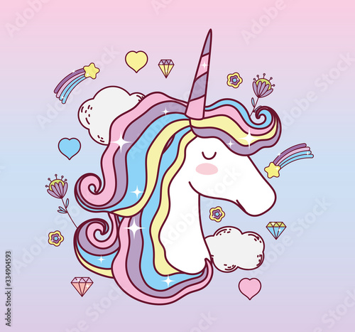 unicorn horse cartoon with clouds vector design