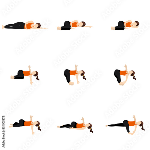 Spinal twist and resting yoga asanas set/ Stylized woman practicing lying yoga postures