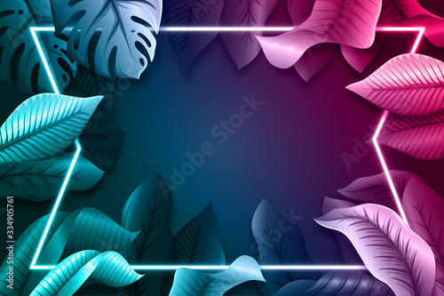 Realistic leaves with neon frame wallpaper style