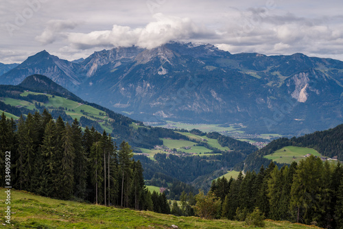 Panoramic wide-angle view of a beautiful alpine mountain landscape in the region of Chur, Switzerland © Matthew