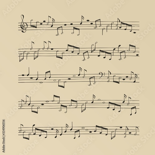 Music sheet vintage background with hand drawn music notes. Simple cartoon design. Vector