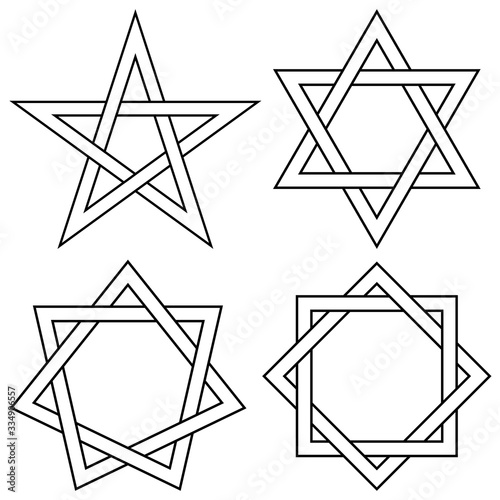 Set of stars with interlaced sides, vector knot stars for logo or tattoo