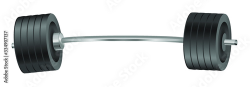 Beautiful realistic fitness vector front view of an olympic barbell with black iron plates on white background. Vector realistic object 10 EPS