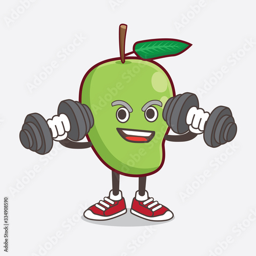 Mango Fruit cartoon mascot character on fitness exercise trying barbells