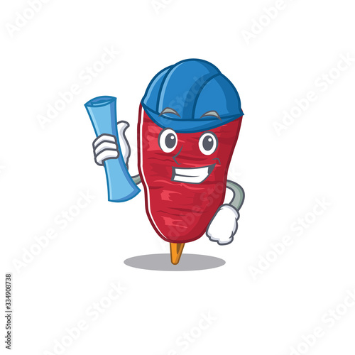 Cartoon character of doner kebab brainy Architect with blue prints and blue helmet