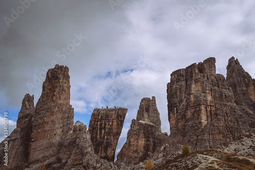  A view of The Dolomites Cinque Torri rocky formation landscape near the alpine town of Cortina.