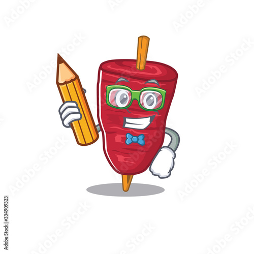 A brainy student doner kebab cartoon character with pencil and glasses