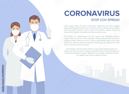 Doctors talk about Coronavirus. Banner with space for text. Vector illustration.
