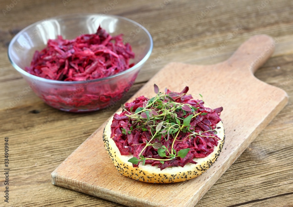 Homemade sandwich with beetroot. Made from red beetroot, mayonnaise, cheese and herbs Homemade sandwich with beetroot. Made from red beetroot, mayonnaise, cheese and herbs