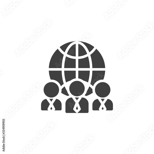 Business Global Communication vector icon. filled flat sign for mobile concept and web design. Business people and globe glyph icon. Symbol, logo illustration. Vector graphics