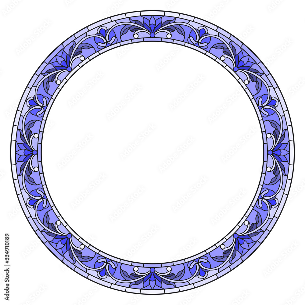 Illustration in stained glass style flower frame,blue flowers and leaves on a white background Illustration in stained glass style flower frame,blue flowers and leaves on a white background
