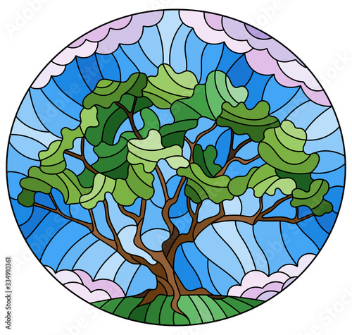 Illustration in stained glass style with green tree on sky background,oval image