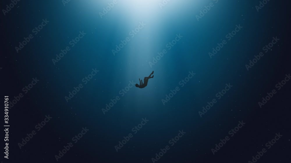 2d animation, young man drowns in a deep ocean. he sinks slowly. Sinking into the abyss