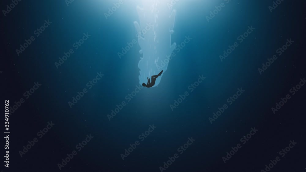 2D animation, abstract embrace of a naked couple, stars inside, man falls from the sky to sink into the ocean, drowning in the sea