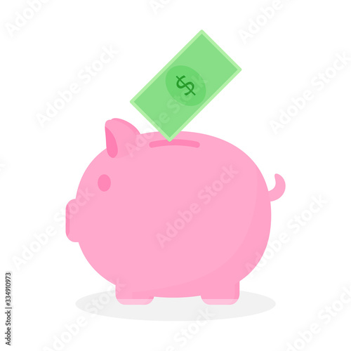 Cute pink piggy bank with banknote.