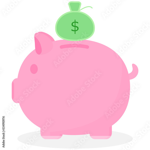 Cute pink piggy bank with money bag.