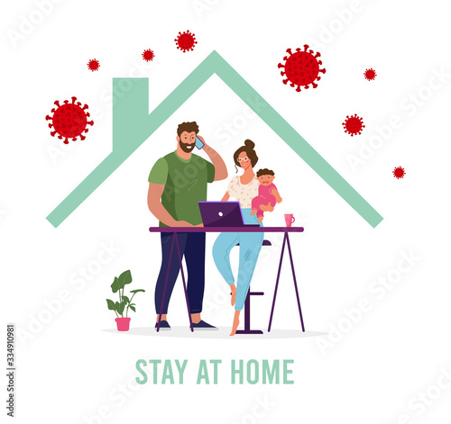CoVID-19 Spread of the virus. New Coronavirus 2019-nCoV Positive quarantine self-isolation poster. A happy family is protected from the virus in their home. Flat vector illustration.