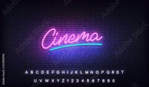 Cinema neon template. Glowing neon letteing Cinema label
