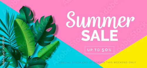 summer sale creative banner with tropical leaves on geometric background