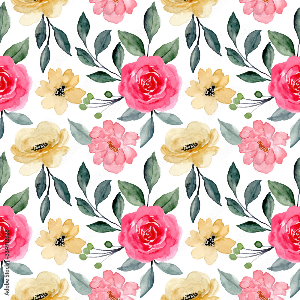 pink yellow floral watercolor seamless pattern