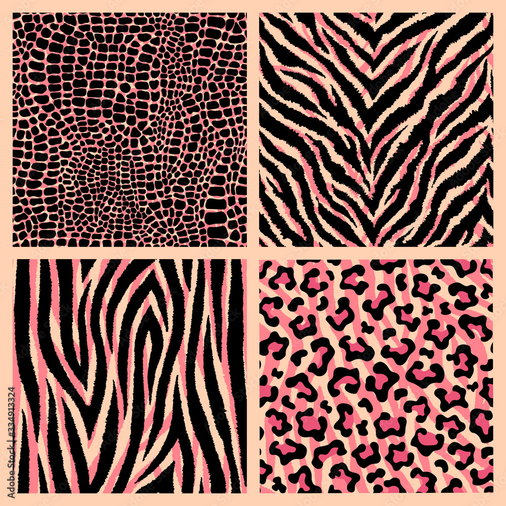 Set of 4 colorful animalistic seamless patterns. Exotic leopard, tiger, zebra, crocodile backgrounds. Vector wallpapers.