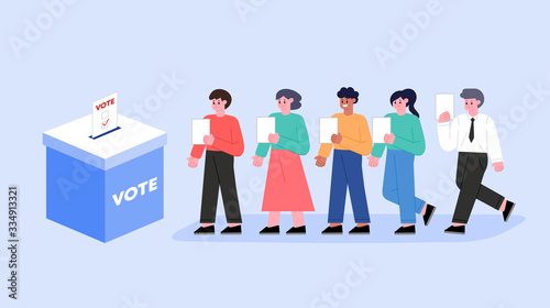 Voting and Election concept Vector illustration. Pre-election campaign. Citizens putting paper vote in to the ballot box candidates.