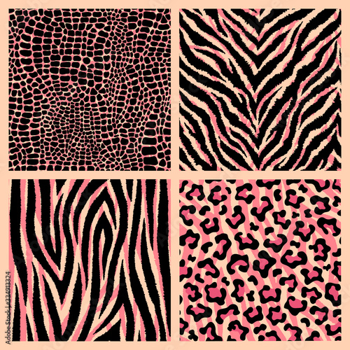 Set of 4 colorful animalistic seamless patterns. Exotic leopard, tiger, zebra, crocodile backgrounds. Vector wallpapers.