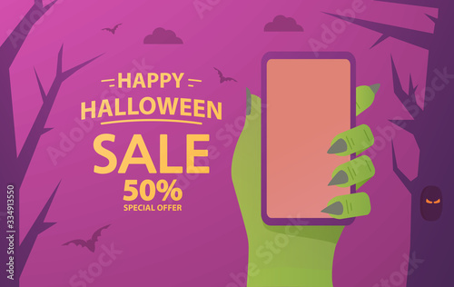 Green zombie hand holds smartphone. Halloween sale festive banner concept.Offers a 50% discount.Flat vector illustration.