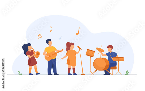 Cute young musicians at school music festival flat vector illustration. Cartoon children playing musical instruments and singer singing on party. Entertainment, performance and hobby concept